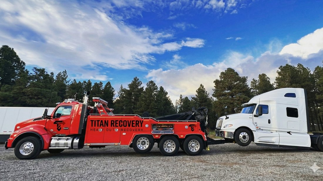 Titan Recovery Peterbilt rotator with sleeper in tow at golden hour