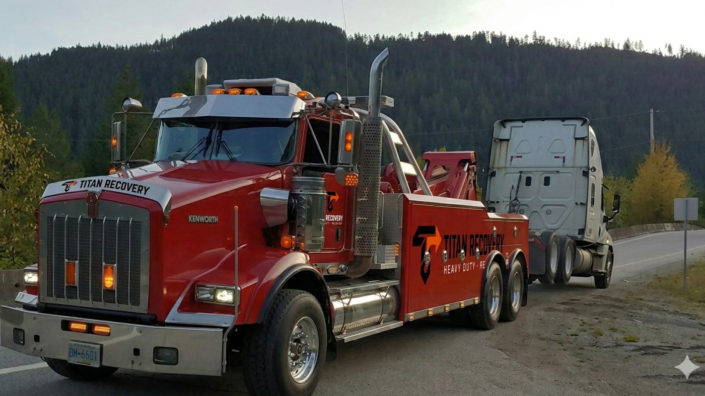 Titan Recovery Kenworth wrecker hauling a Class 8 sleeper
